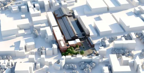 Eagle-eye perspective rendering of a old industrial building